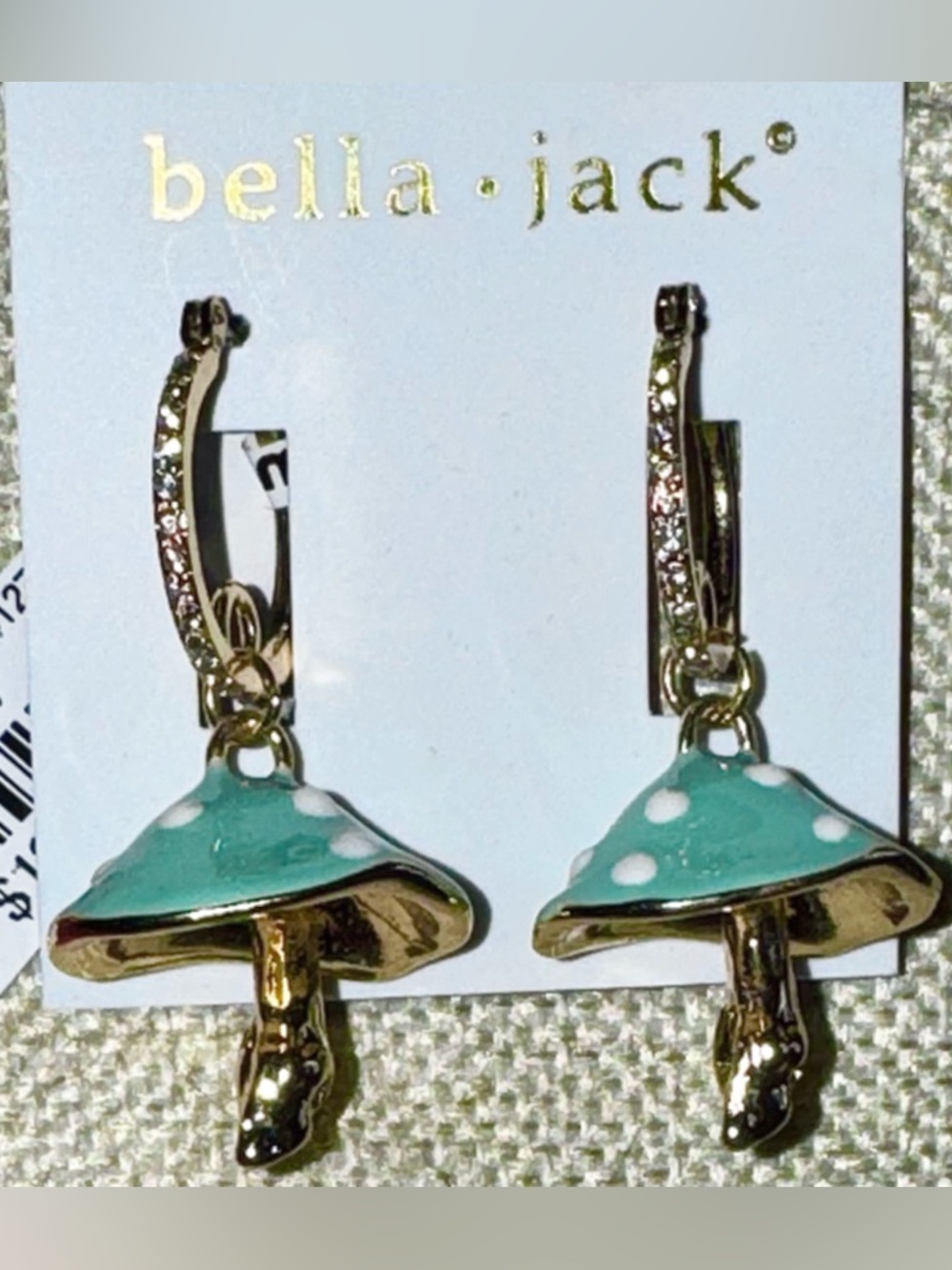 Bella Jack Mushroom Earrings NWT Polka Dots Rhinestones Enamel Gold Tone - Picture 7 of 8